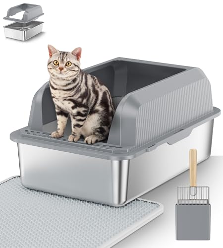Lettiera per gatti XL in acciaio inox, semi-chiusa, inodore, a prova di perdite, con tappetino e paletta anti-tracciamento, lettiera extra large rimovibile facile da pulire, 60 x 40 x 30 cm