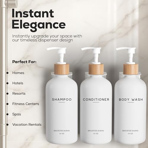 White Shampoo and Conditioner Dispenser Set Wall Mounted by Brighter Barns - Shower Dispenser 3 Chamber No Drill - Refillable Shampoo and Conditioner Bottles for Shower Wall in Airbnb, Hotel (White) - image 2