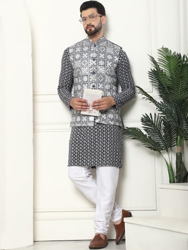 Image of SOJANYA (Since 1958 Men's Cotton Contrast Embroidered Kurta and White Pyjama with Embroidered Nehru Jacket