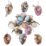 CONTENU DE LA LIVRAISON : 12x œufs de Pâques (3x de chaque couleur) // Dimensions : environ 7 x 5 cm (hauteur x largeur) // Matériau : plastique, ruban de jute, plumes, bois // Couleur des œufs : blanc, bleu clair, marron clair, violet