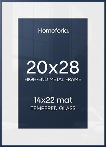 Image of Homeforia 20x28 Frame Navy Blue, High End Metal 20x28 Poster Frames with Mat 14x22 inch Photo, 20 x 28 Navy Blue Picture Frame Matted to 14 by 22 Print, 28x20 Frame, Tempered Glass, Wall Kit, Set of 1