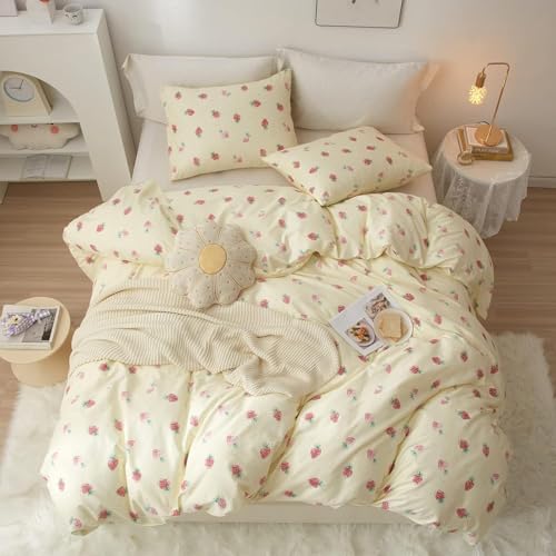 Image of Strawberry Duvet Cover Set Full Size Kawaii Strawberry Printed on Cream White Bedding Set with 2 Pillowcases 3Pcs Kids Cute Fruit Reversible Microfiber Comforter Cover for Girls Women