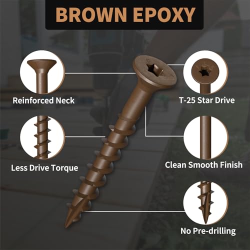 Image of Wood Screws 1-5 /8 Inch, FIXLINK Deck Screws #8 x 1-5 /8 inch, 100 PCS, Epoxy Coated, T25 Star Bit Above 1500 Hour Salt Spray Coating Outdoor Decking Screws Excellent Rust Resistant for Wood Fence, Brown