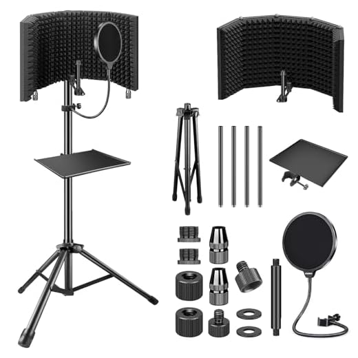 Aokeo Studio Recording Microphone Isolation Shield with Pop Filter & Tripod Stand, High Density Absorbent Foam to Filter Vocal, Foldable Sound Shield for Blue Yeti and Condenser Microphones