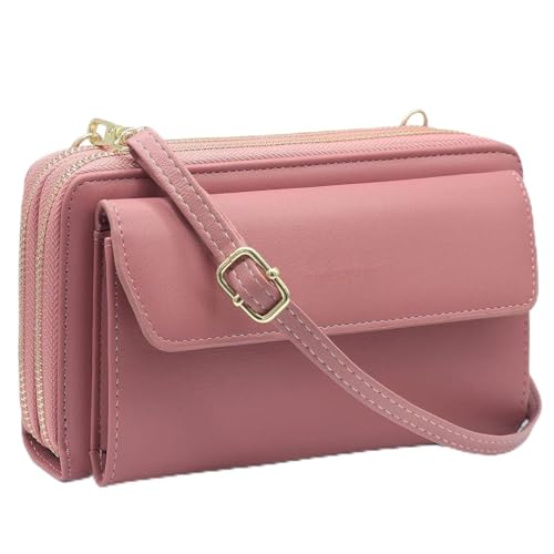 Image of Women Leather Wallet Crossbody Shoulder Bag with Double Zipper and Mobile Phone Purse with Shoulder Strap