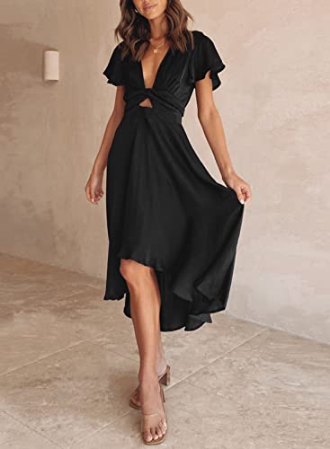 Image of miduo Womens Satin V Neck Ruffle Short Sleeve Tie Front High Waist Midi A-Line Maxi Dresses