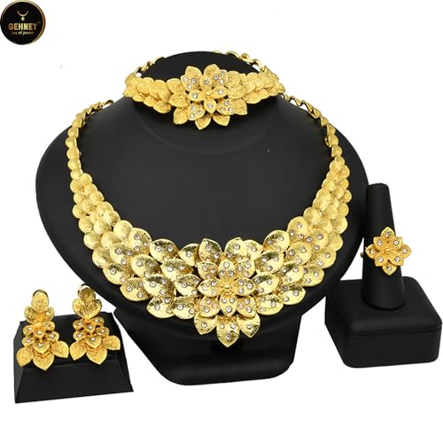 Image of GEHNEY joy of jewels 24k Gold Plated Choker Jewellery Set for Women - Earrings Ring & Bracelet Gold Necklace Set for Women Stylish - Bridal Necklaces for Women Golden with Cubic Zirconia CZ Stones