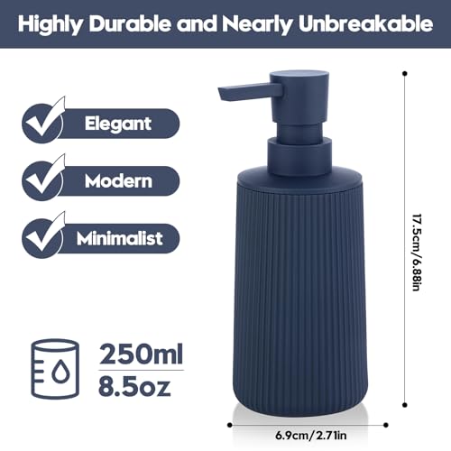 Image of Small Soap Dispenser for Bathroom and Kitchen, Modern Farmhouse Striped Style Plastic Hand Soap Dish Soap Dispenser with Pump Matte Blue