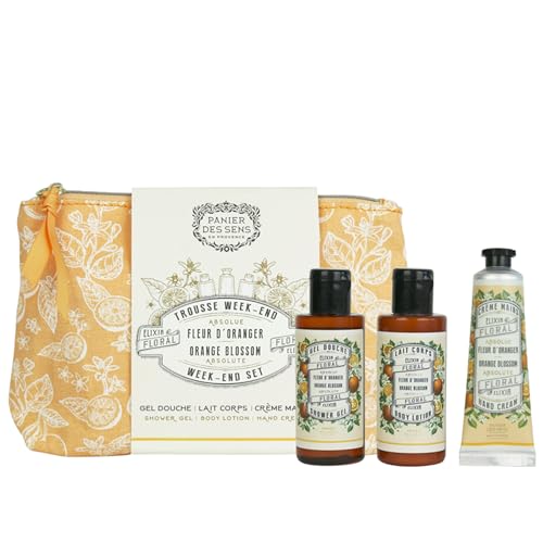 Image of Panier des Sens Orange Blossom Travel Pouch Gift Set, 3.3 + 3.3 + 1 fl oz | Travel Pouch Gift Set | Shower Gel, Body Lotion & Hand Cream | Vegan Formula | 97% Natural Ingredients | Made In France