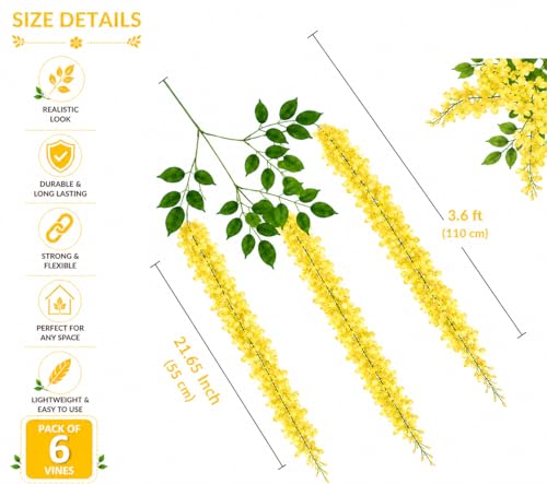 Image of Tia Crafts Polyester Artificial Hanging Flowers For Ceiling Balcony|Wisteria Vine|Home Party Decor Garden Outdoor Greenery Office Wall Decoration|Waterproof Washable-3.7Ft /45 Inch(Yellow,12)