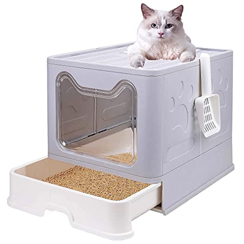 OCDAY Large Cat Litter Box with Lid, Foldable Cat Litter Box â€‹with Cat Litter Scoop, Drawer Type Cat Litter Pan Easy to Scoop & Clean, Self Cleaning Cat Litter Box (Gray)