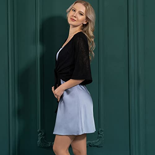 Dongfeng Women's 3/4 Sleeve Cropped Shrugs Lightweight Tie Front Sheer Chiffon Bolero Cardigan (Black,L) #TOP3