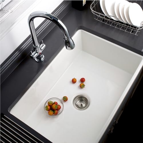 Houzer PTG-4300 WH Platus 33 Inch Fireclay Series Farmhouse Sink, Undermount Apron Front Farm Sink with Single Bowl, Non Porous Surface Impervious to Cracks and Chips, White