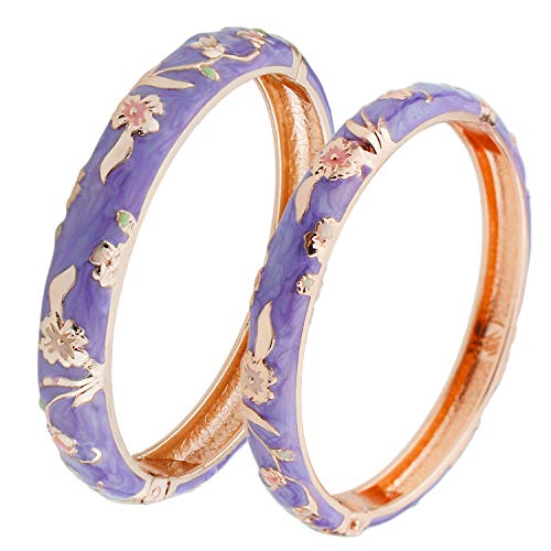 UJOY Designer Cloisonne Bracelets Indian Flower Enameled Jewelry Open Cuff Clasp Hinged Bangle Sets with Gift Box for Women 55A111-55B31 Purple