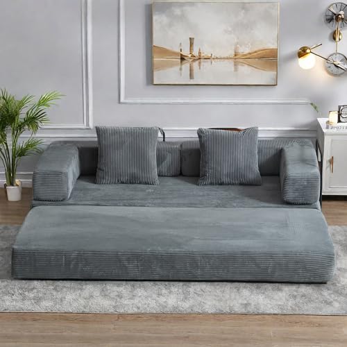 FONTOI Floor Couch, Compression Sofa with Pillow Back Support Armrest, Convertible Floor Sofa Bed, Corduroy Fabric Modular Sectional Sofa,Futon Couch Lounge Sleeper Bed for Living Room, Dark Gray