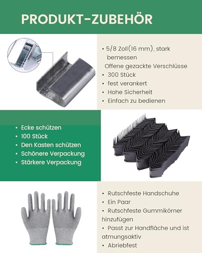 FoundGo Manuelle Umreifungsgerät [12-19mm] Umreifungsset mit 300m PET Umreifungsband von 680kg Zugfestigkeit für Verpackung inkl. Spanner Verschließer 300 Metallschnalle 100 Eckschutz Handschuhe