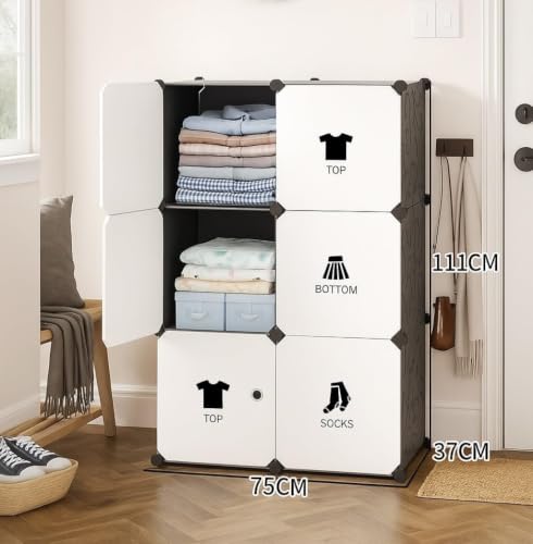 Image of EXVITO 6 Door Kids Plastic Wardrobe for Clothes, Foldable Plastic Almirah for Clothes, Collapsible Wardrobe for Storage, Baby Cupboard for Clothes, Storage Rack for Kids - Black