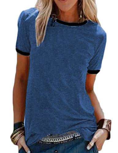 Qearal 2021 Damen Sommer Basic Tee Kurzarm Tops Casual Lose T-Shirts mit Tasche - Blau - Klein Cover