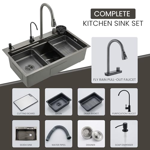 Image of Gloxy Premium SS 304 Nano Single Bowl Smart Kitchen Sink 30x18X9 Inches - Black Matt FInish Multifunction Sink With Integrated Waterfall - Anti Scratch Honeycomb Design with Pull Down Faucet