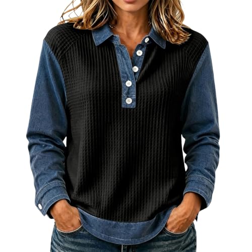 Waffle Tops for Women Denim Patchwork Collared Button Fashion Pullover Tops - image 1