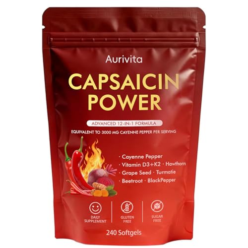 Boranel Aurivita Capsaicin Power - Cayenne Pepper Softgels Supplement Digestive & Gut Health with Vitamin D3+K2 Beetroot Grape Seed and Other Extracts 240 Softgels (1Pc)