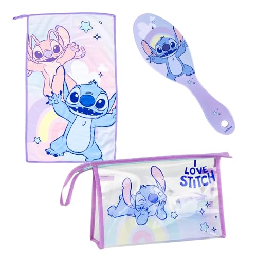 Disney Stitch Neceser para Niños, Bolsa de Aseo Infantil Diseño Stitch y Angel, Incluye Cepillo para el Pelo, Toalla, Bolso, Sin PVC