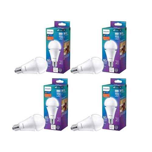 PHILIPS A21 Battery Back Up LED Light Bulb - Flicker Free Frosted 60w Light Bulbs with EyeComfort Technology - Soft White Lightbulb - 800 Lumen - E26 Base - 4 Pack