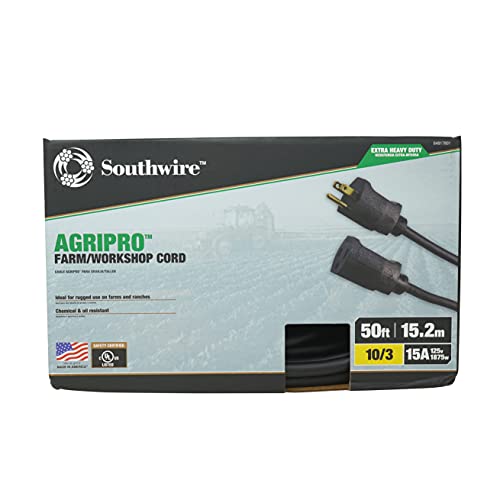 Southwire AGRIPRO 10/3 Extra Heavy Duty Extension Cord, 50ft, Farm/Workshop Cord, SJTOW, Black, 64817801