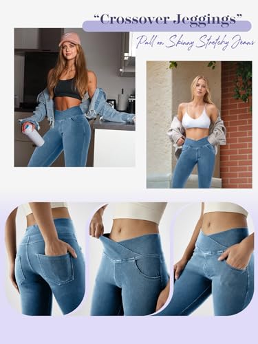AIMILIA Crossover Jeggings for Women Tummy Control High Waist Pull On Stretchy Jeans Denim Leggings with Pockets Slimming3