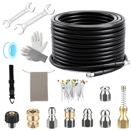 Drain Jetter Kit for Pressure Washer 50FT 5800 PSI Sewer Jetter Hose Kit with 4 Jet Nozzles and 360 Rotating Nozzle 1/4 NPT Sewer Jetter Nozzle Kit for Cleaning Drain Pipes Sewer Lines & Gutter