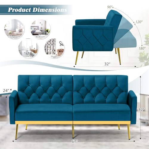 Image of Velvet Sofa Bed w /Adjustable Armrests & Backrests, Teal