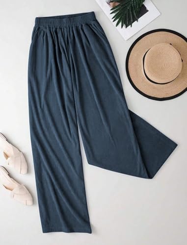 ZAFUL Women's Corduroy Pants Baggy High Waisted Wide Leg Pants Retro Loose Fit Casual Trousers with Pockets Navy Blue3