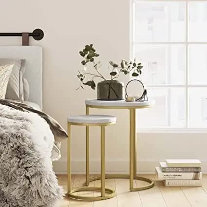 Image of Brown Arts Shoppee Round Nesting Tables Simple Modern Small Round Table MDF Top Metal Table Living Room Sofa Set of 2 (Golden & White)