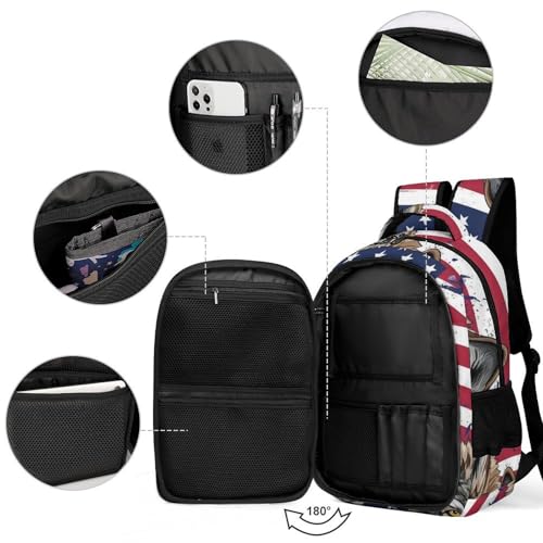 Lightweight Backpack, Women's Elegant Vintage American Flag Wolf Backpack with Pockets and Handle, Reusable Sturdy Travel Shoulder Bag3