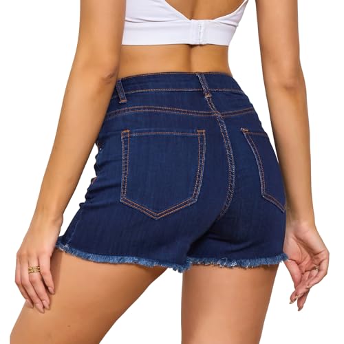 Image of VIPONES Women Mid Rise Jeans Shorts Frayed Raw Hem Summer Stretchy Casual Denim Shorts