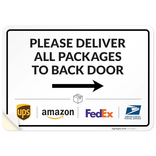 Image of Package Delivery Sign, Delivery Instructions Deliver All Package to Back Door Right Arrow Sign, 10x7 Inches, 4 Mil Vinyl Decal Stickers Weather Resistant, Made in USA