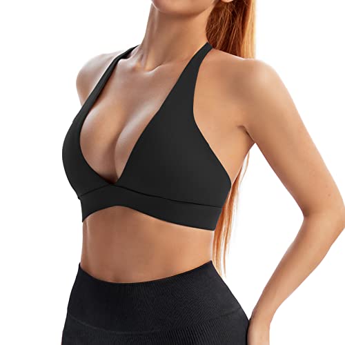 INIBUD Sports Bra for Women Push Up Strappy Workout Top Padded Deep V-Neck Triangle Bralettes with Support Gym2