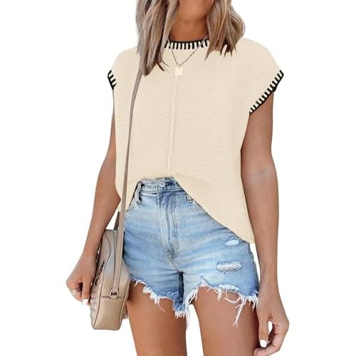 Womens Cap Sleeve Sweater Vest Waffle Knit Sweater Shirts Business Casual Tops Crochet Basic Sleeveless Outfits Apricot Medium
