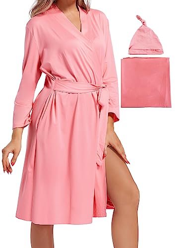 Image of SUFEINI Maternity Mommy Robes with Matching Swaddle Blanket Set, Maternity Mommy Postpartum Bathrobe Sleepwear