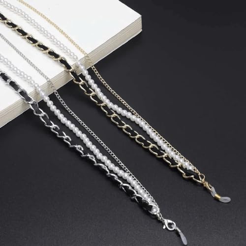 Chaîne de lunettes en cuir perlé antidérapante avec attache dorée