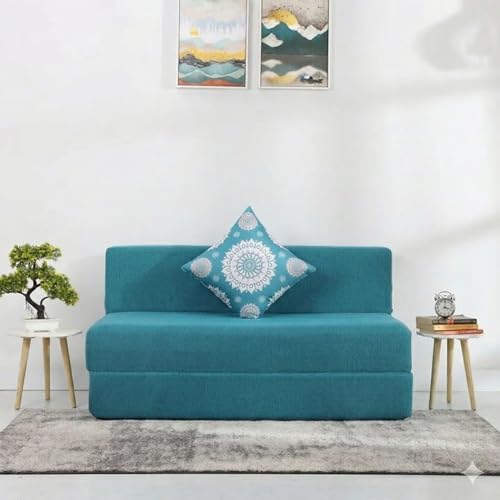 Image of Convertible Fabric Sofa Cum Bed | Foldable Double Foam & Washable Cover with Cushions | Modern Design Use Living Room & Guest Room (Jute-Blue-Multi-Flower, 3X6 Ft)
