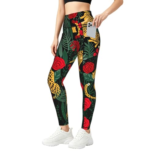 Leggings de compresión ZXERTG con estampado de leopardo y rosas para fitness de mujer