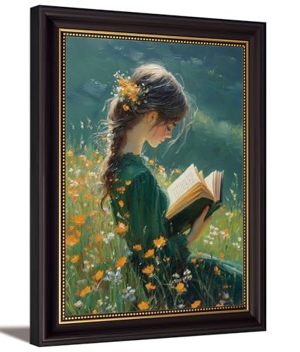 Vintage Dark Brown Framed Girl Books Canvas Wall Art Inspirational