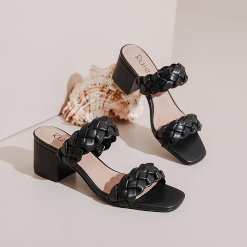 Women's Heels Braided Heeled Sandals, Squear Open Toe Slides Sandals Slip on Chunky Heel Sandals Dressy Summer Shoes for Women.2