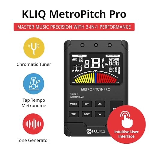 KLIQ MetroPitch-PRO - Rechargeable Metronome Tuner for All Instruments - with Guitar, Bass, Violin, Ukulele, and Chromatic Tuning Modes - Tone Generator - Wired sensor Included, Black