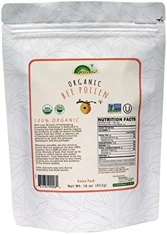 Greenbow Organic Bee Pollen - 100% USDA Certified Organic, Non-GMO, Pure, & Natural Bee Pollen - Superfood Packed with Proteins, Vitamins & Minerals - Kosher Certified, Gluten Free – 16oz (453g)