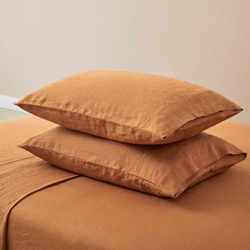 Image of ATLINIA 100% Pure Flax Linen Bedding Set - Stone Washed French Linen Fabric Deep Pocket Fitted Sheet Farmhouse Flat Sheet 2 Pillowcases (Rust, Full)