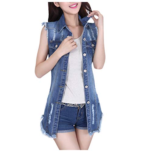 Wenini Women Sleeveless Denim Jacket Vest Coat Ladies Biker Casual Lapel Slim Coats Long Sleeve Denim Outercoat Jacket Windbreaker