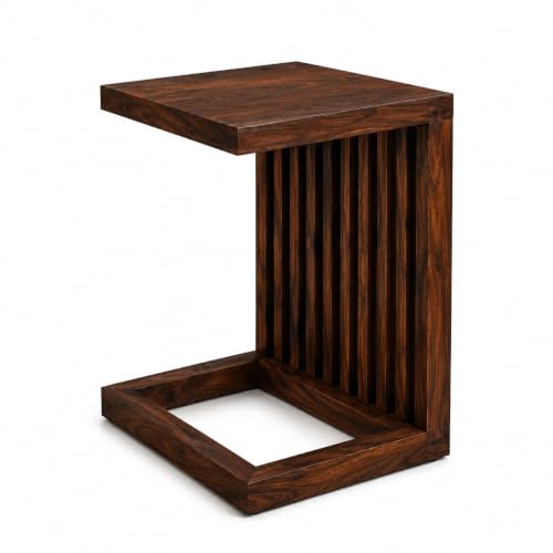 Image of Solid Sheesham Wood C Shape Side Table for Living Room | Modern Sofa End Table | Wooden Laptop Table for Bed | Coffee & Snack Table | Bedside End Table | Walnut Brown Finish