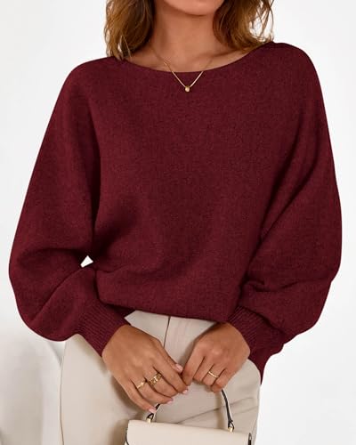 KIRUNDO Boat Neck Sweaters for Women Slouchy Oversized Knit Top,Burgundy,L - image 5